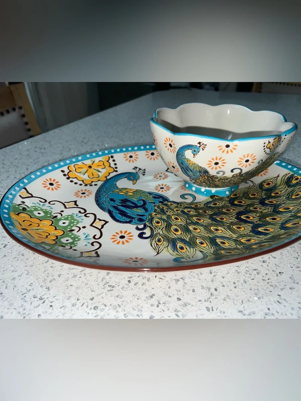 Artistic Accents Hand-Painted Platter & Bowl Peacock Coastline Imports EUC